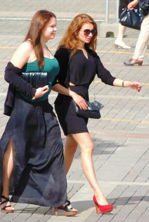 Gorgeous gals walking, lengthy gams